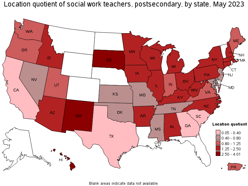 Map of location quotient of social work teachers, postsecondary by state, May 2023