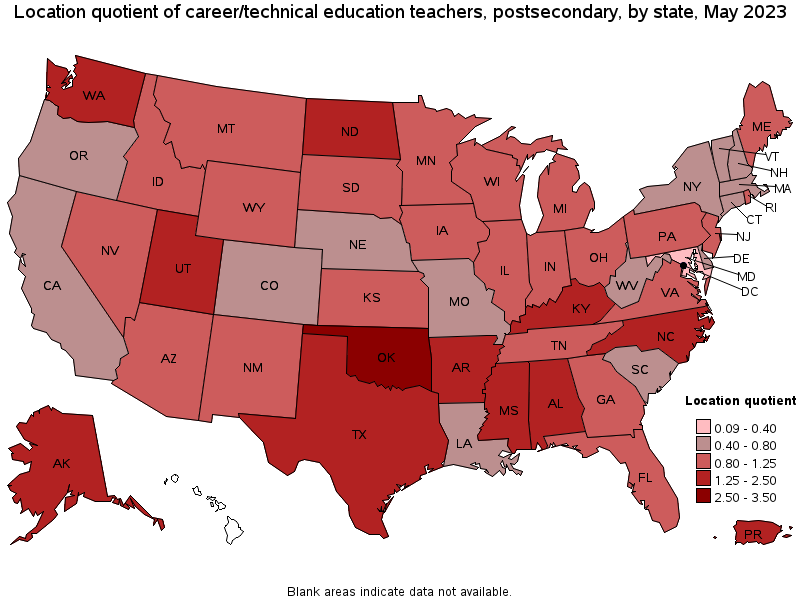 Map of location quotient of career/technical education teachers, postsecondary by state, May 2023