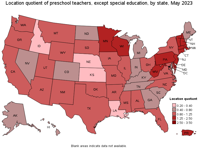 Map of location quotient of preschool teachers, except special education by state, May 2023