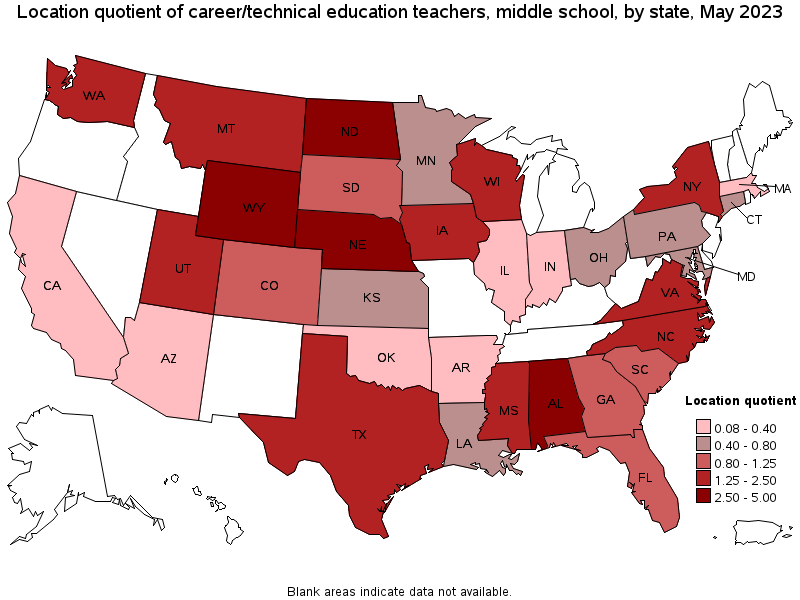 Map of location quotient of career/technical education teachers, middle school by state, May 2023