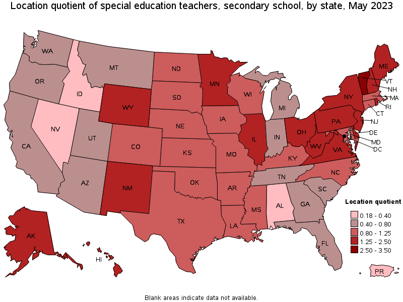 Map of location quotient of special education teachers, secondary school by state, May 2023