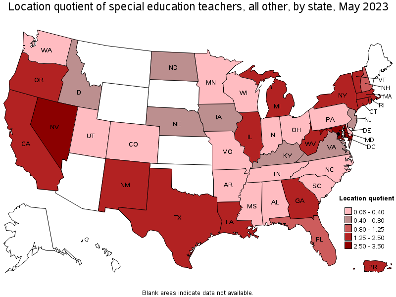 Map of location quotient of special education teachers, all other by state, May 2023