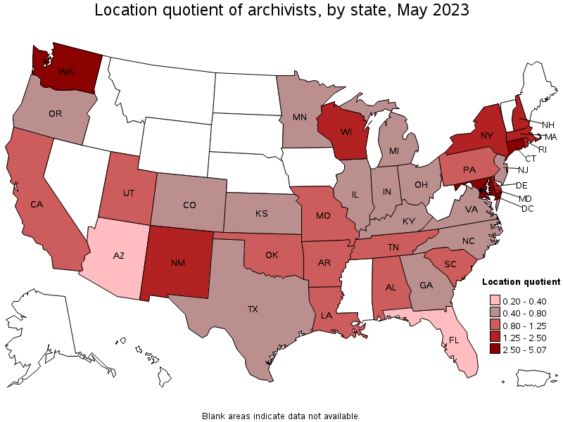 Map of location quotient of archivists by state, May 2023