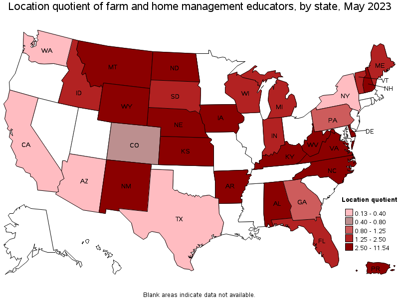 Map of location quotient of farm and home management educators by state, May 2023