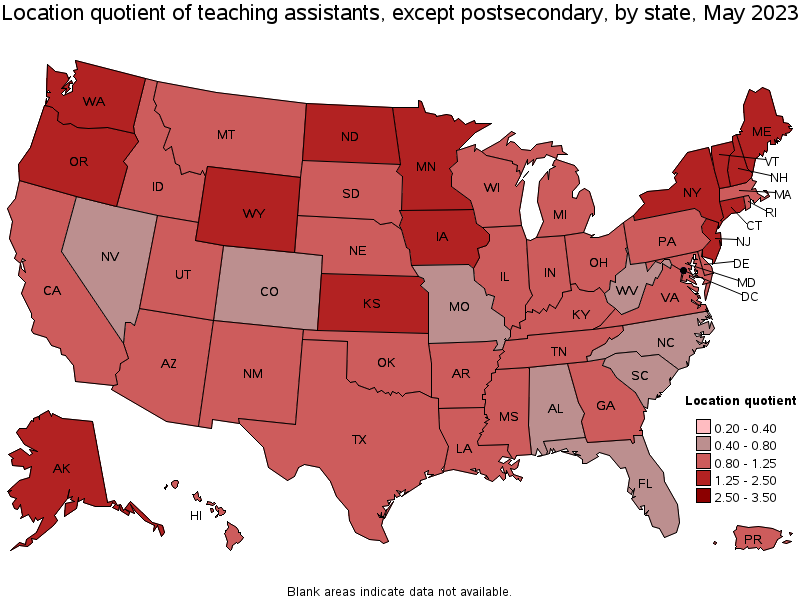 Map of location quotient of teaching assistants, except postsecondary by state, May 2023