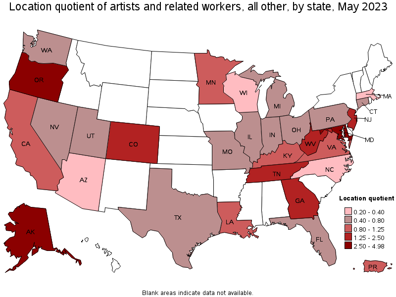 Map of location quotient of artists and related workers, all other by state, May 2023