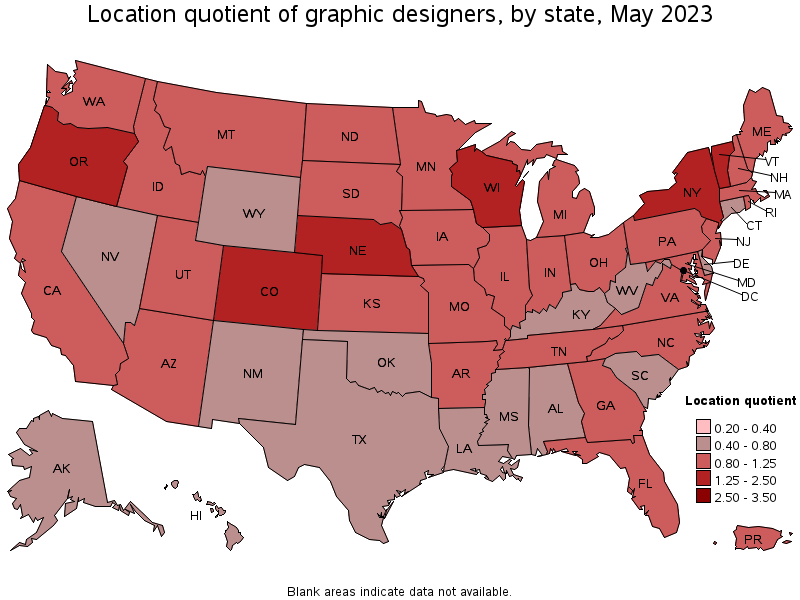 Map of location quotient of graphic designers by state, May 2023