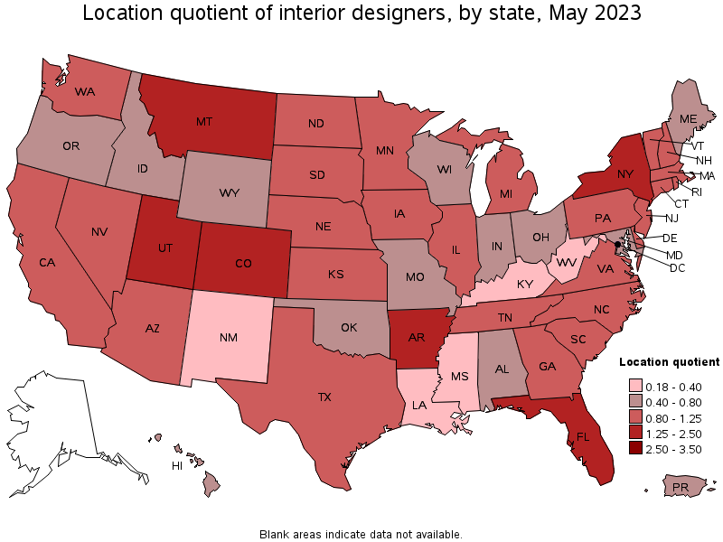 Map of location quotient of interior designers by state, May 2023