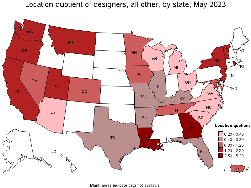 Map of location quotient of designers, all other by state, May 2023