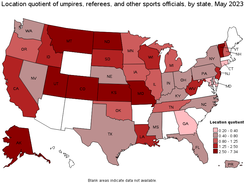 Map of location quotient of umpires, referees, and other sports officials by state, May 2023