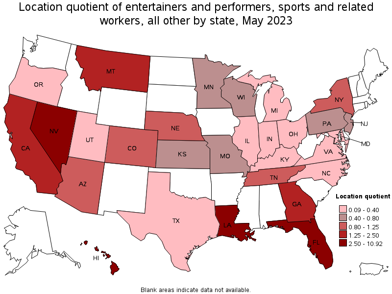 Map of location quotient of entertainers and performers, sports and related workers, all other by state, May 2023