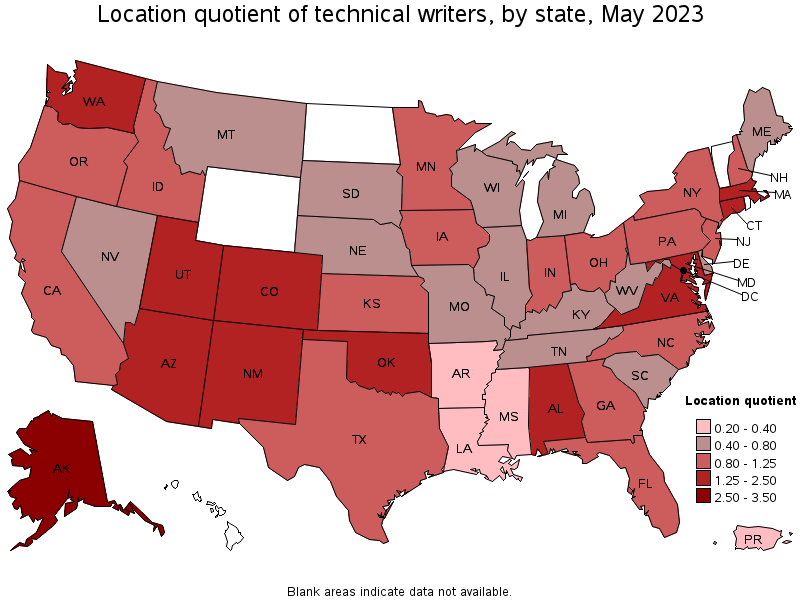 Map of location quotient of technical writers by state, May 2023