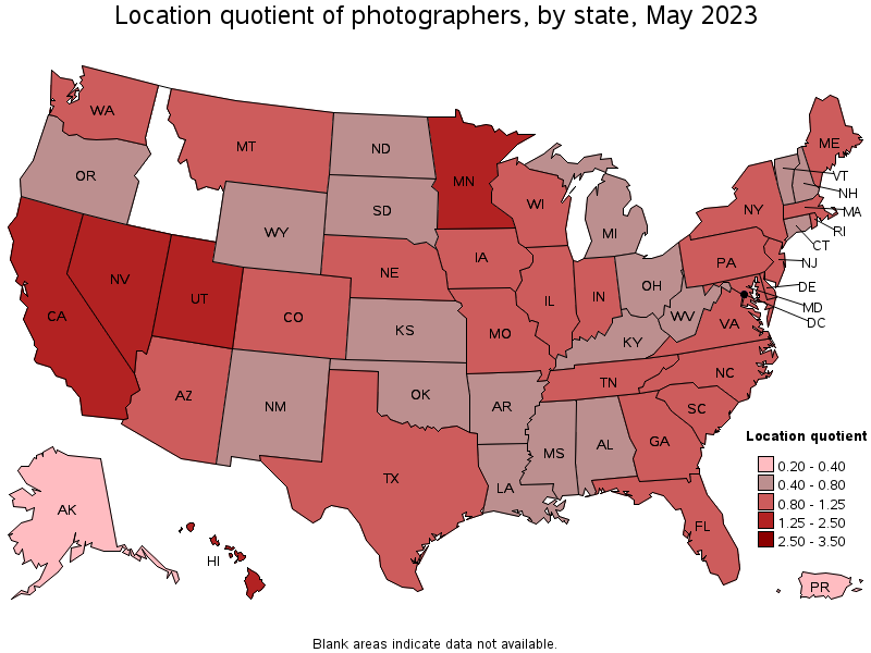 Map of location quotient of photographers by state, May 2023