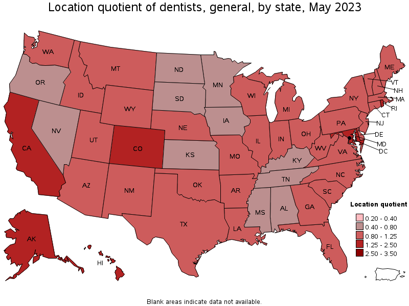 Map of location quotient of dentists, general by state, May 2023