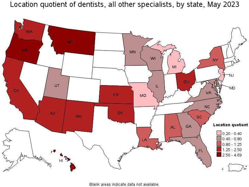 Map of location quotient of dentists, all other specialists by state, May 2023