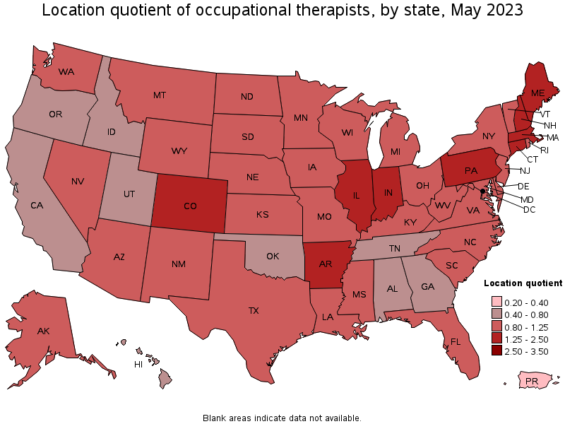 Map of location quotient of occupational therapists by state, May 2023