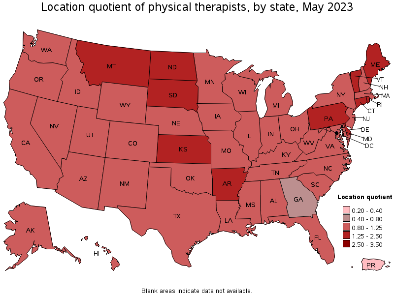 Map of location quotient of physical therapists by state, May 2023