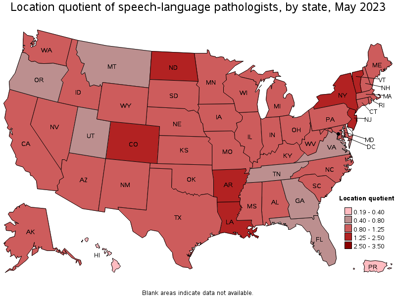 Map of location quotient of speech-language pathologists by state, May 2023