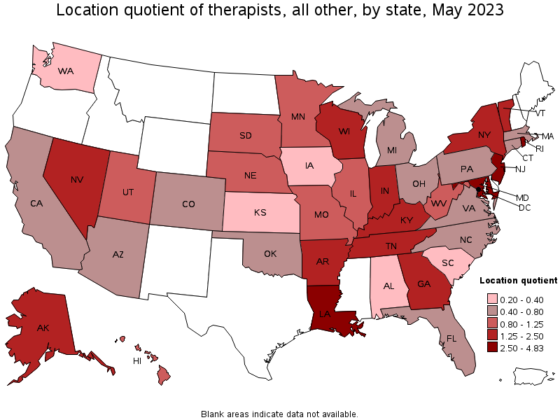 Map of location quotient of therapists, all other by state, May 2023