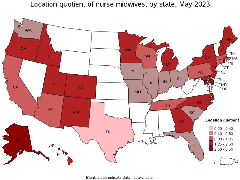 Map of location quotient of nurse midwives by state, May 2023