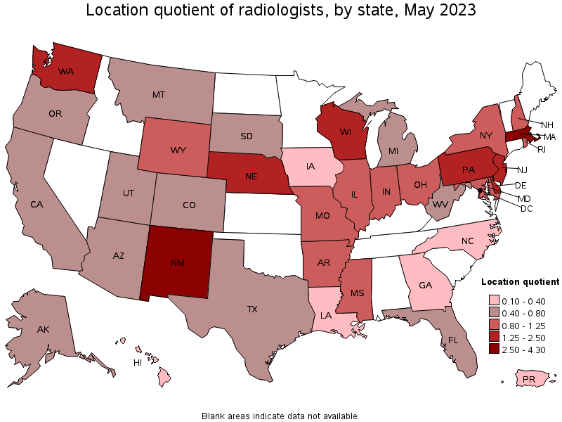 Map of location quotient of radiologists by state, May 2023