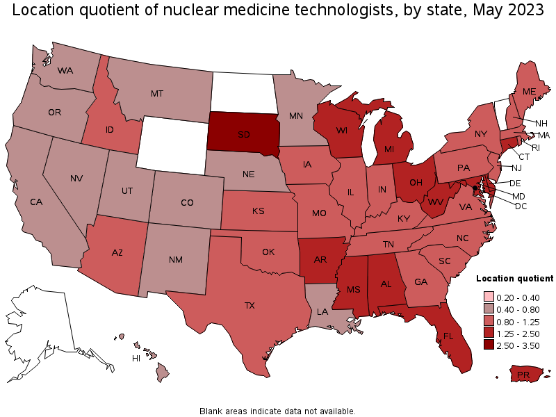 Map of location quotient of nuclear medicine technologists by state, May 2023