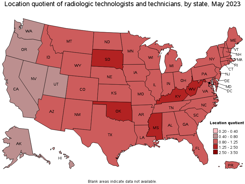 Map of location quotient of radiologic technologists and technicians by state, May 2023