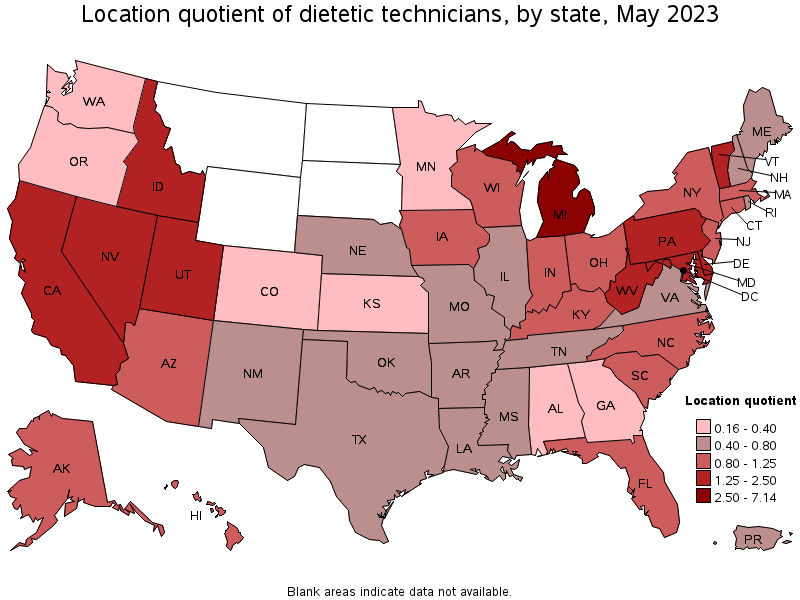 Map of location quotient of dietetic technicians by state, May 2023