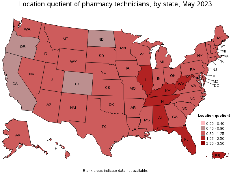 Map of location quotient of pharmacy technicians by state, May 2023