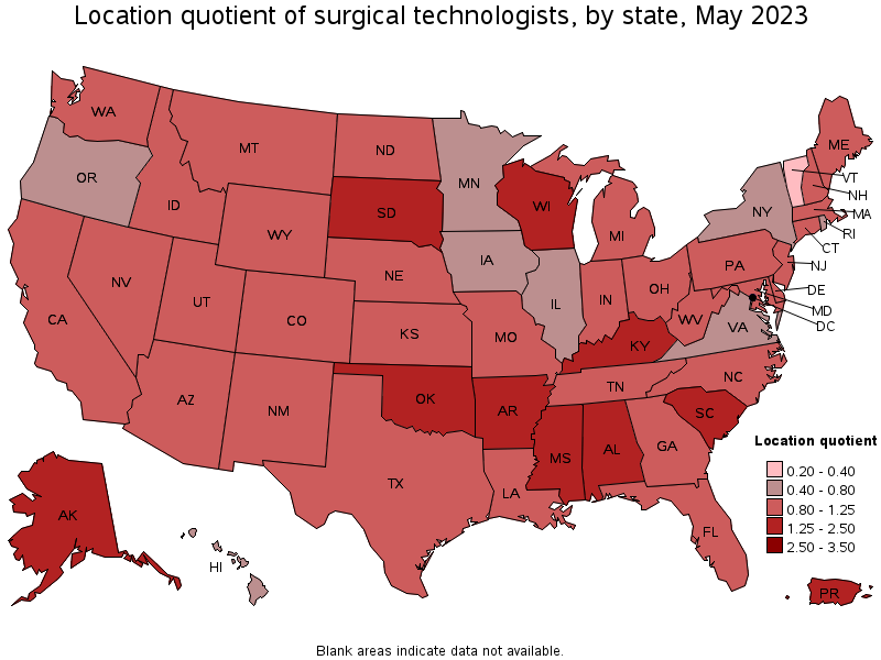 Map of location quotient of surgical technologists by state, May 2023