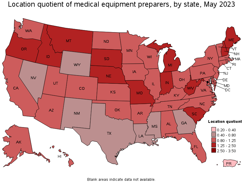 Map of location quotient of medical equipment preparers by state, May 2023