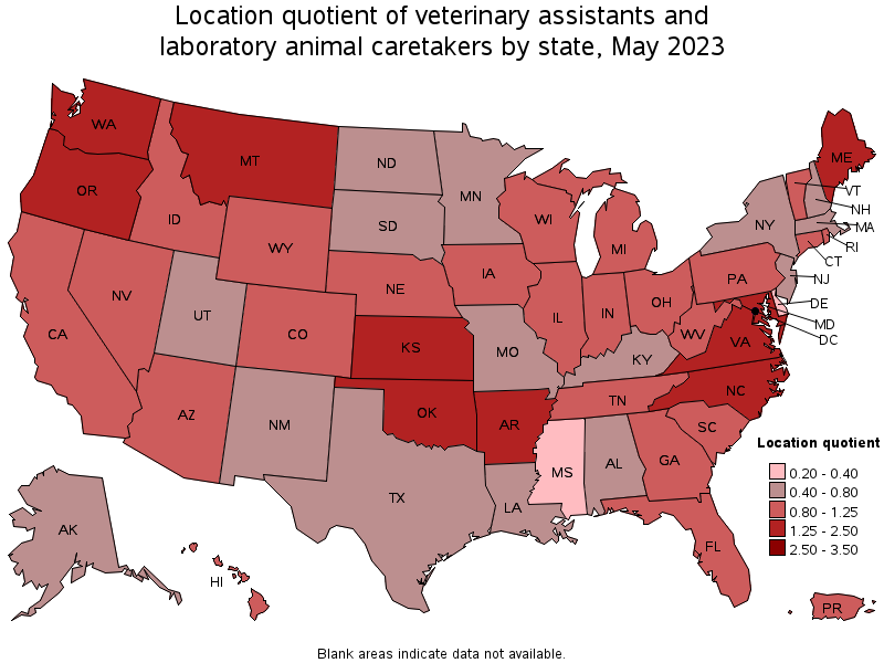 Map of location quotient of veterinary assistants and laboratory animal caretakers by state, May 2023