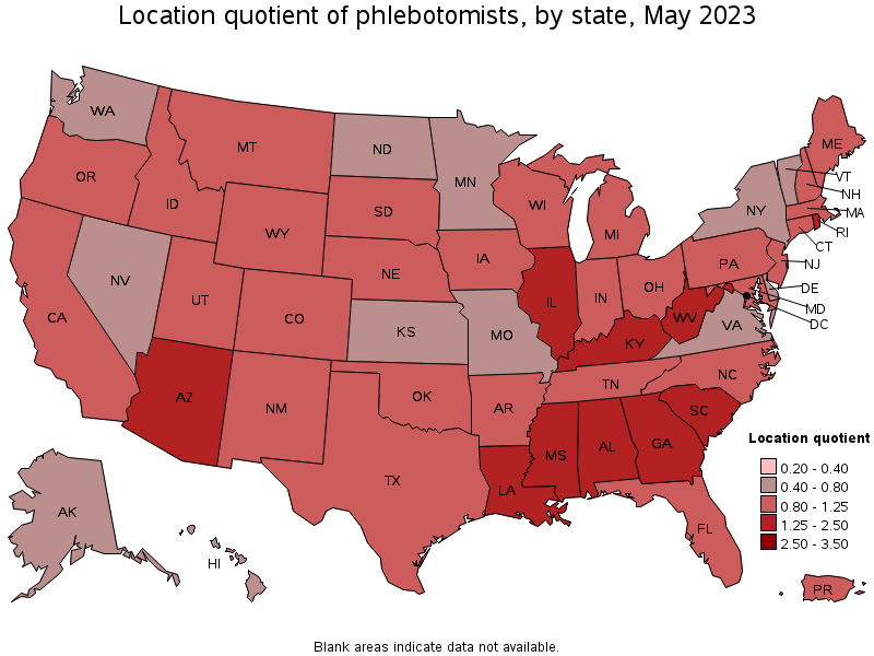 Map of location quotient of phlebotomists by state, May 2023