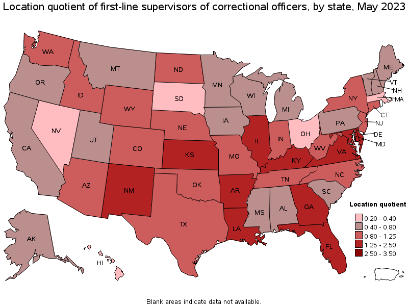 Map of location quotient of first-line supervisors of correctional officers by state, May 2023