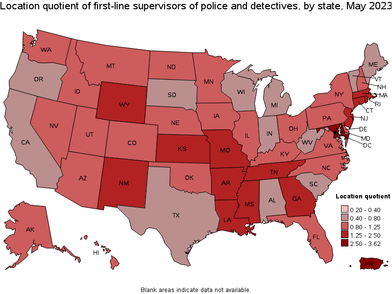 Map of location quotient of first-line supervisors of police and detectives by state, May 2023
