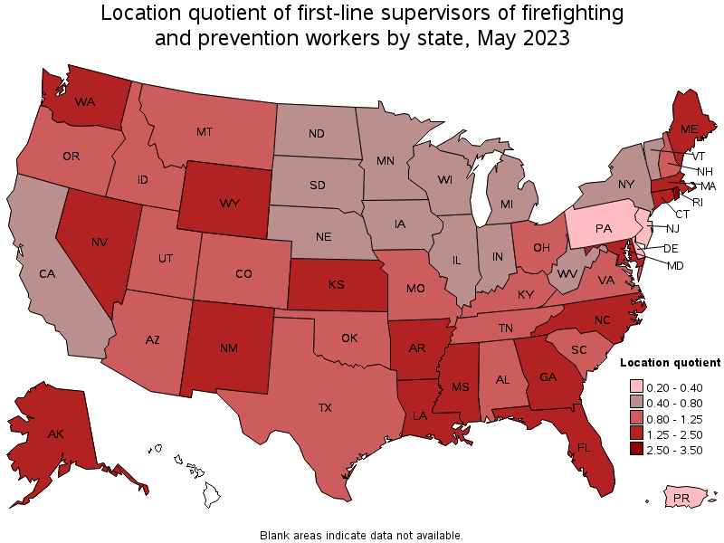 Map of location quotient of first-line supervisors of firefighting and prevention workers by state, May 2023