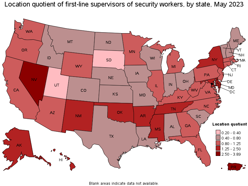 Map of location quotient of first-line supervisors of security workers by state, May 2023