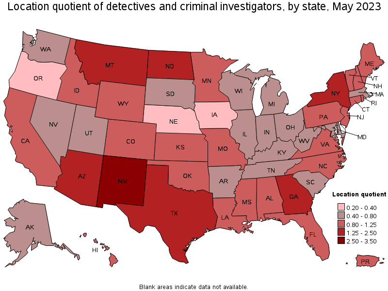 Map of location quotient of detectives and criminal investigators by state, May 2023