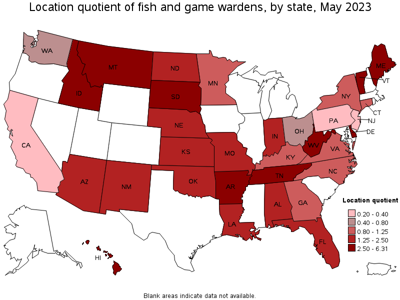 Map of location quotient of fish and game wardens by state, May 2023