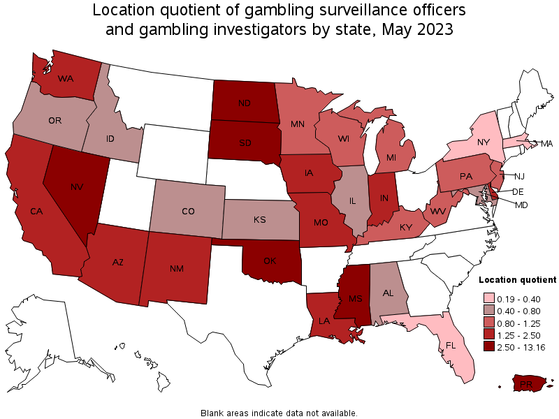 Map of location quotient of gambling surveillance officers and gambling investigators by state, May 2023