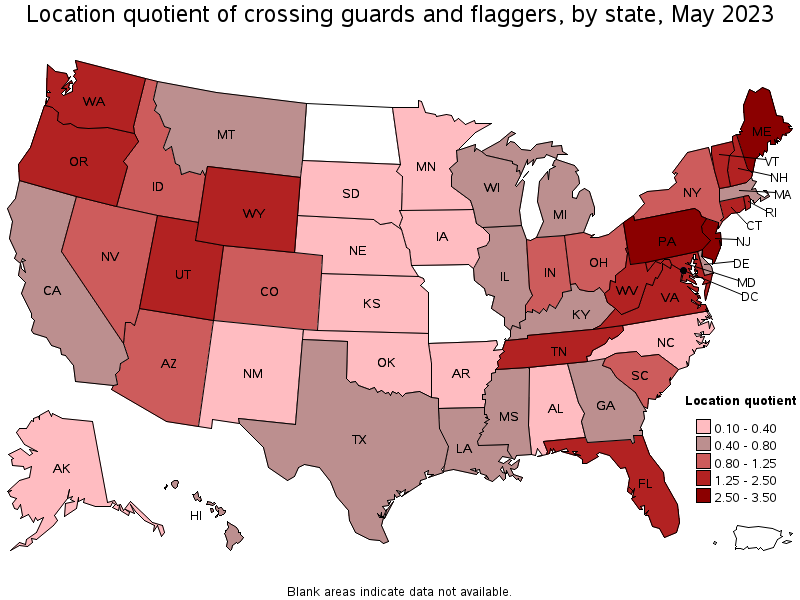 Map of location quotient of crossing guards and flaggers by state, May 2023