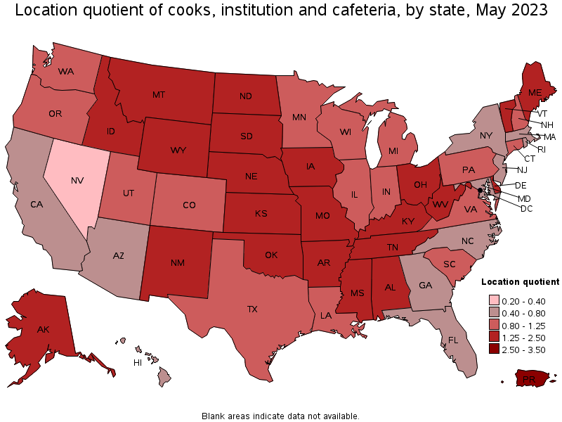 Map of location quotient of cooks, institution and cafeteria by state, May 2023