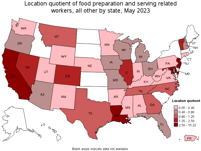 Map of location quotient of food preparation and serving related workers, all other by state, May 2023