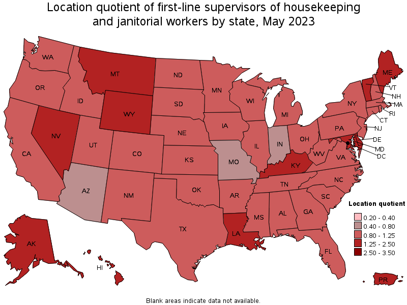 Map of location quotient of first-line supervisors of housekeeping and janitorial workers by state, May 2023
