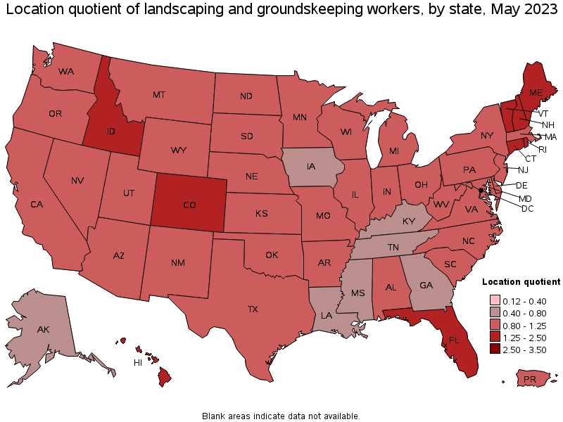 Map of location quotient of landscaping and groundskeeping workers by state, May 2023