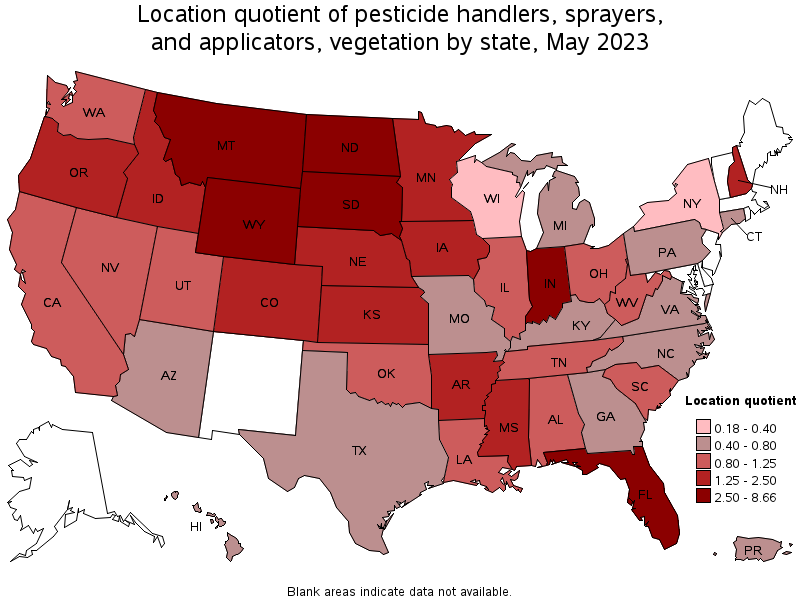 Map of location quotient of pesticide handlers, sprayers, and applicators, vegetation by state, May 2023