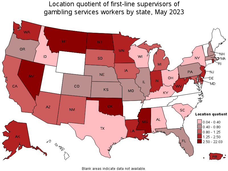 Map of location quotient of first-line supervisors of gambling services workers by state, May 2023