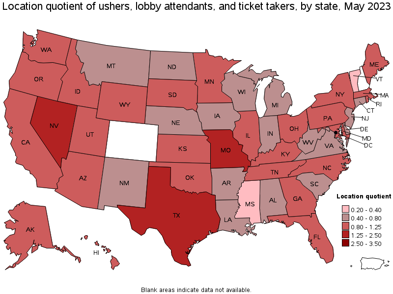 Map of location quotient of ushers, lobby attendants, and ticket takers by state, May 2023