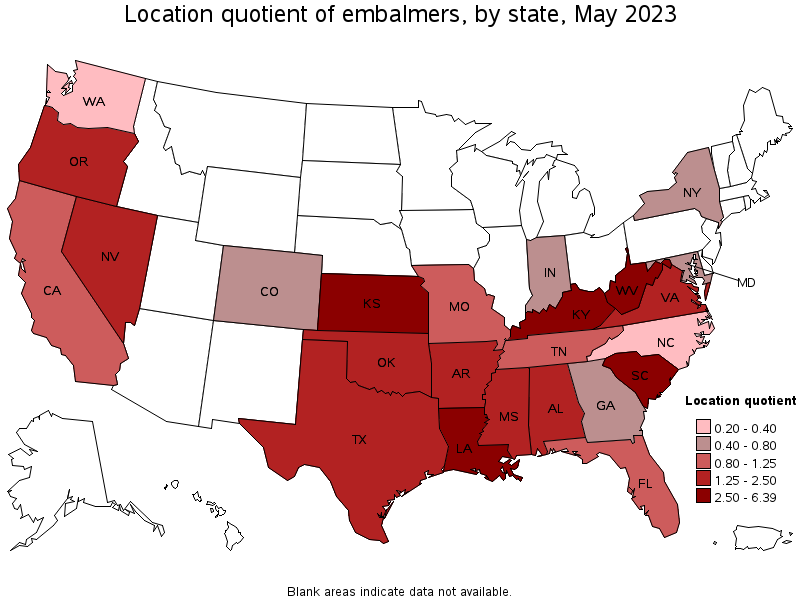 Map of location quotient of embalmers by state, May 2023
