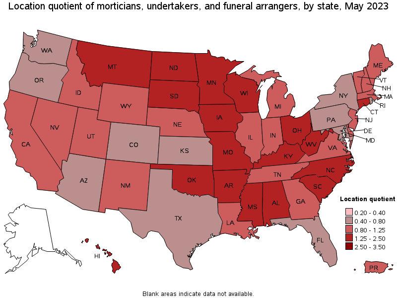 Map of location quotient of morticians, undertakers, and funeral arrangers by state, May 2023